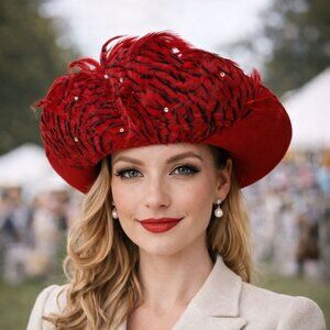 Mr His Red Feather Hat Rhinestone Vintage Wide Brim Tiger Stripe Church Derby